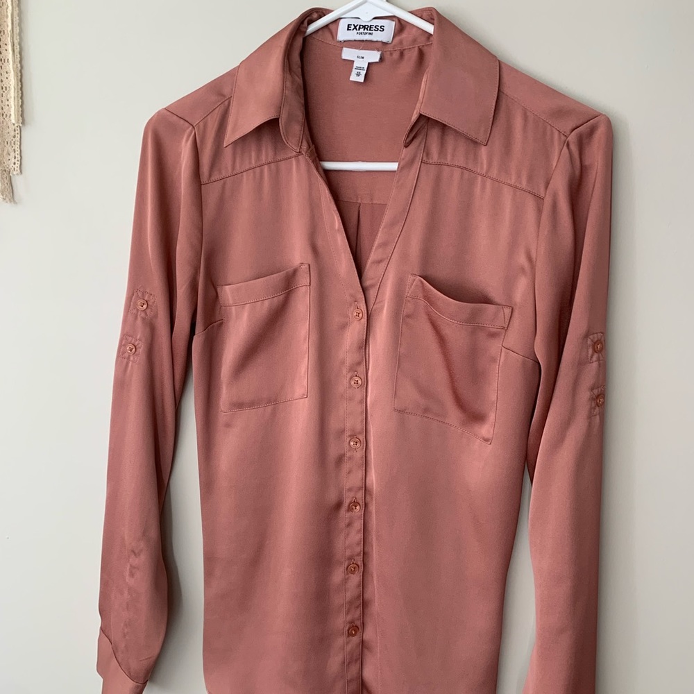 Express Portofino shirt: XS slim, satin-like material, dusty rose/ copper-toned
